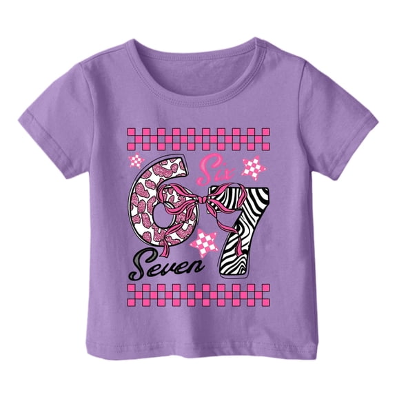 Adeawade Girls Tops Short Sleeve Blouse Cartoon Prints Crewneck T Shirt Leisure Tee Lovely Basic Wear Purple 5-6 Years