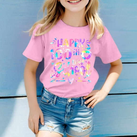 Adeawade Girls Tops Short Sleeve Tee Shirts For Blousen Kids Child Prints Fans Present Crewneck T Shirts Lovely Spring Wear 4-5 Years Pink