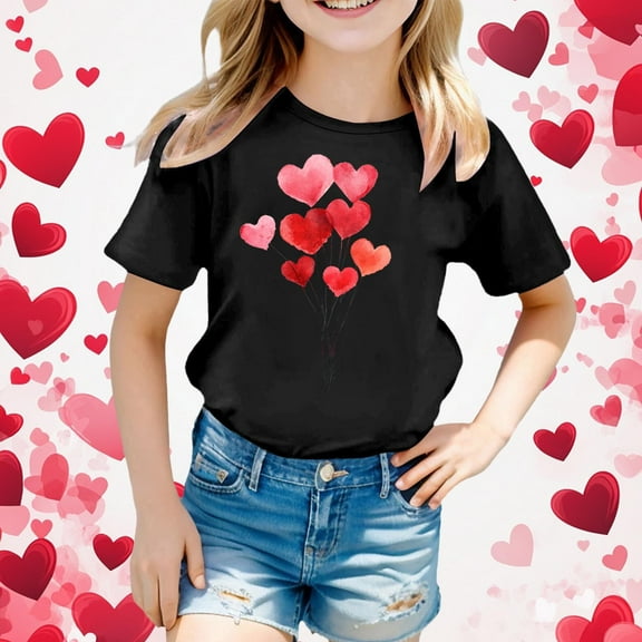 Adeawade Girls Valentine'S Day T Shirts Children'S Short Sleeve Top Cartoon Printed T Shirt Crenwck Shirt Cute Summer Clothes 12-13 Years Black