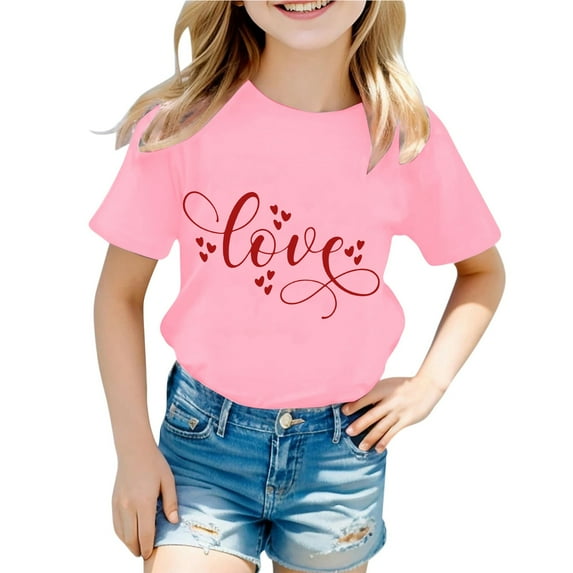 Adeawade Girls Valentine'S Day Tops Short Sleeve Blouse Cartoon Prints T Shirt O Neck Leisure Tee Classic Basic Playsuit Pink 1-2 Years