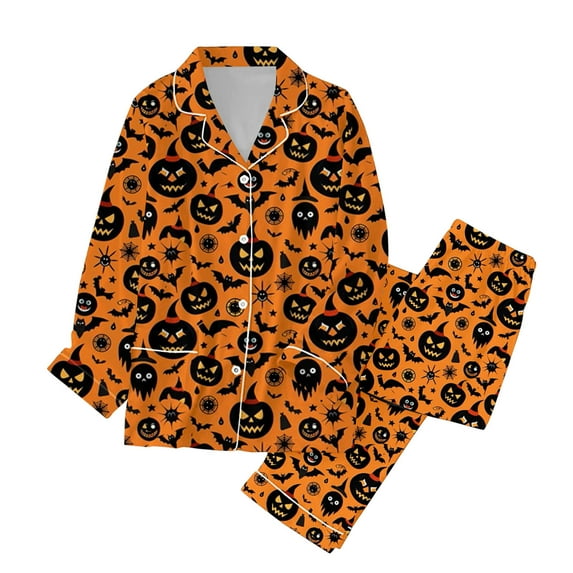 Adeawade Halloween Pajamas Women Long Sleeve Fall Winter Sleepwear Holiday Ghost Pumpkin Skeleton Pattern Button Down Long Satin Pajama Set Soft Oiutfits Orange S