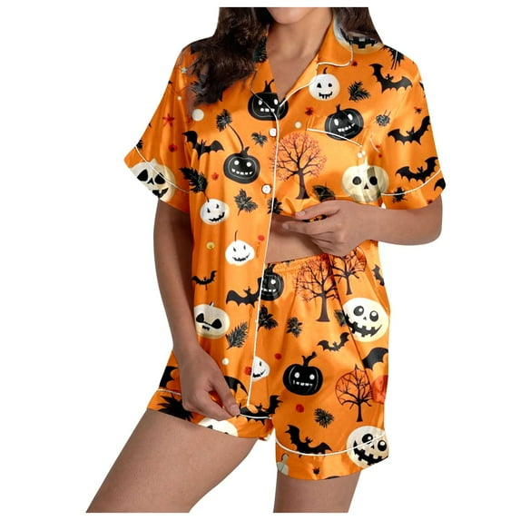 Adeawade Halloween Pjs Women Cartoon Print Pajama Set Silk Satin Short Sleeve Button Up Top And Shorts Set Charm Sleepwear Oiutfits Orange M