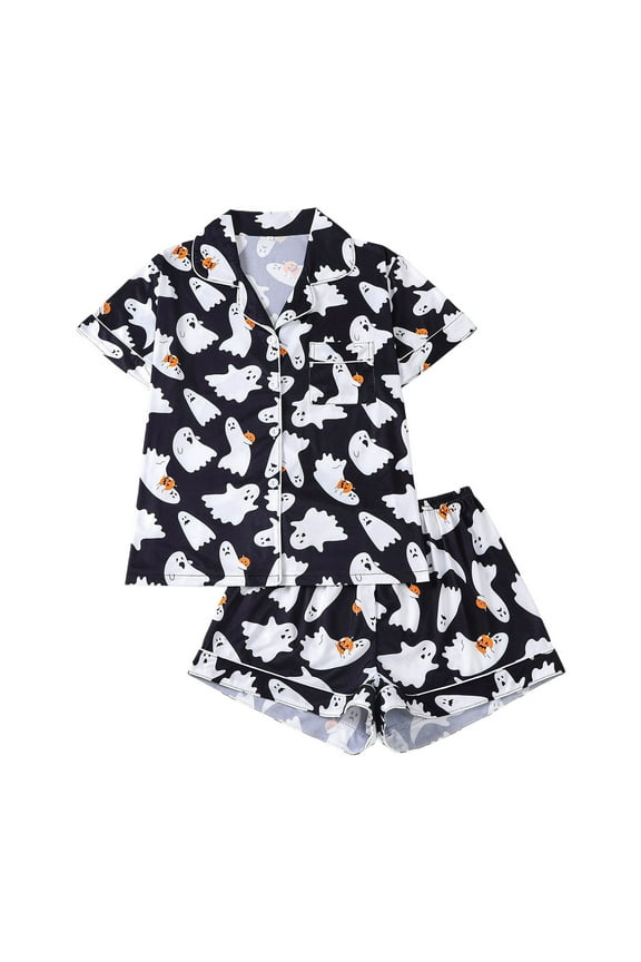 Halloween Pjs Women Ghost Printed Turn-Down Collar Short Sleeve Tops And Shorts Pajama Set Retro Sleepwear Home Clothing Black 2Xl