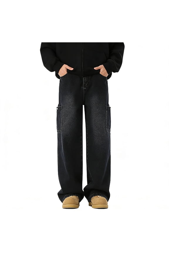 Jean For Mens Workwear Denim Jeans Empire Washed Straight Leg Trousers Loose Fit Wide Leg Comfortable Pants Basic Clothes L Black