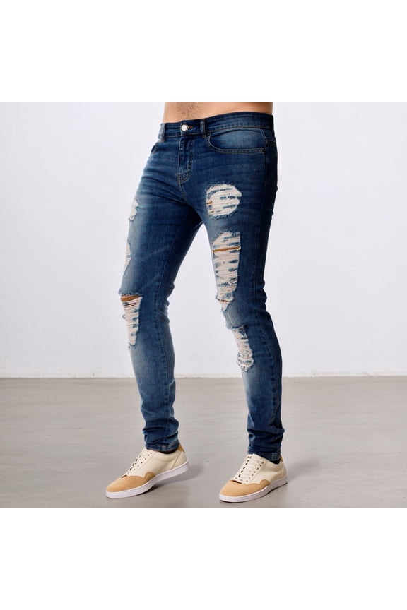 Jeans For Mens Slim Fit Stretch Denim Jeans With Distressed Knee And Tapered Leg Pants Basic Clothes L Dark Blue