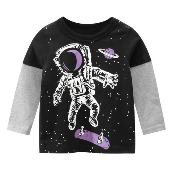 Adeawade Kids Tops For Boy 6-7 Years Kids Galaxy Spaceman Print Long Sleeve Crewneck T Shirts Tops Tee Trend Playsuit Black