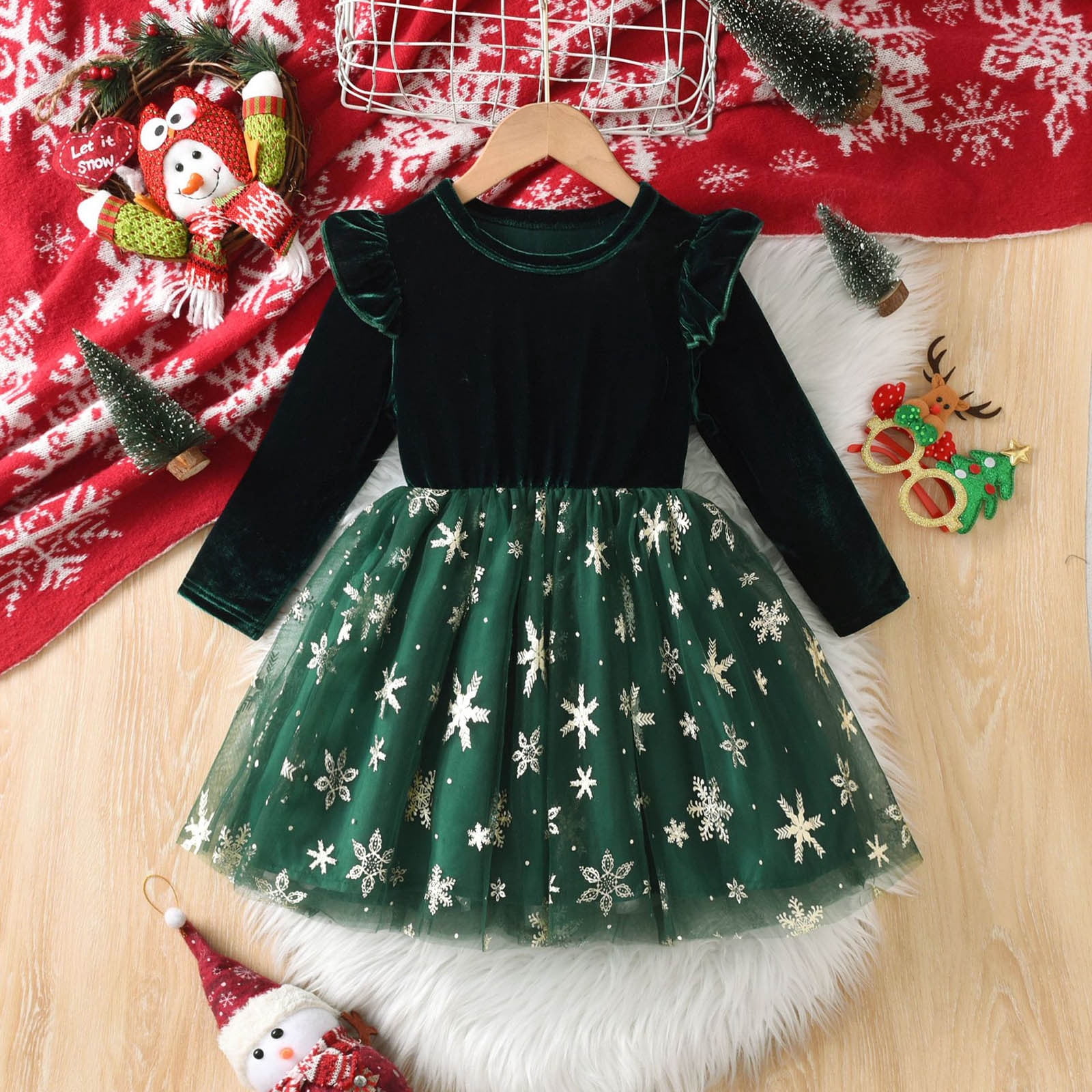 Adeawade Long Sleeve Christtmas Dress For Girls Long Sleeve Crewneck New  Years Dresses Solid Color Star Graphic Tutu Dress Xmas Festival Girl  Clothes ...
