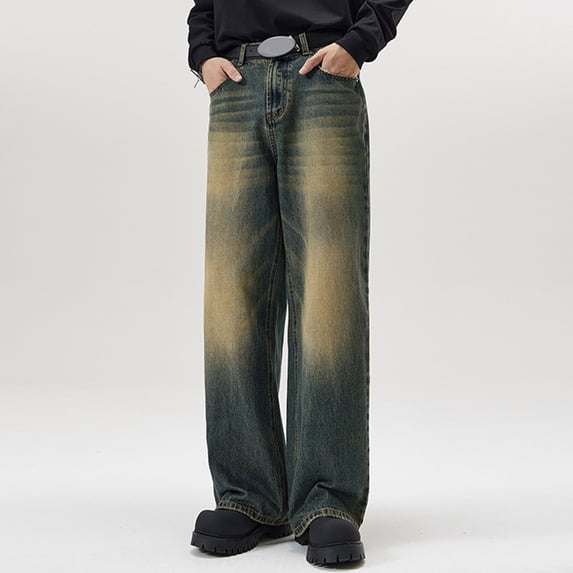 Adeawade Men Jeans High Waist Button Washed Workwear Jeans Comfortable Loose Fit Straight Leg Denim Pants Multiple Pockets Trend Wear M Blue