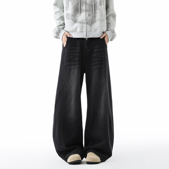 Adeawade Men Jeans Wide Leg Jeans Relaxed Fit Straight Trousers High Street Wash Denim Pants Durable Wear Xl Black
