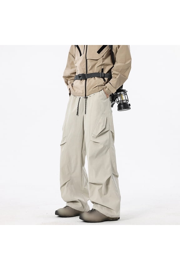 Men Pant Wide Leg Drawstring Pants Retro Plaid Patchwork Hem Loose Fit Unisex Trousers For Autumn Mid Waist Jogger Trousers Soft Wear L Beige