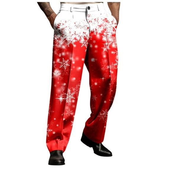 Adeawade Men Pants Christmas Wide Leg Xmas Sleepwear Pants New Years Pj Bottoms Slacks Cartoon Christmas Tree Pattern Casual Trousers Durable Home Wear Red 3Xl