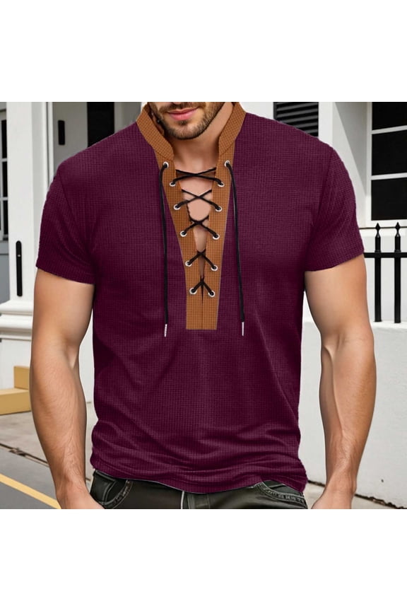 Men T Shirt Round Neck Short Sleeve Tee Stylish Braided With Color Block Red 3Xl