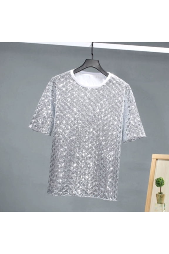 Men T Shirt Short Sleeve Tee T Shirt Stage Performance Shirt Round Neck Sequin Show Dance Party Silver M