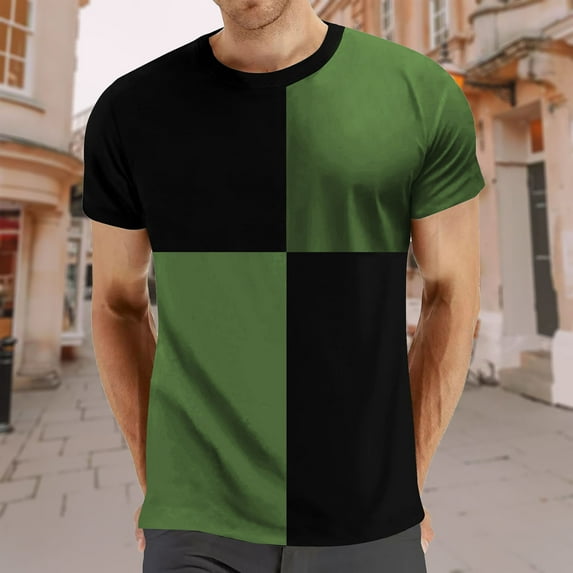 Adeawade Men T Shirts Men Pure Color O Neck Splicing Short Sleeve Shirt Top Green 3Xl
