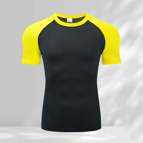 Adeawade Men's T Shirts Round Neck Tight Fitting Training Sports Fitness Running Sweat Wicking Quick Drying Short Sleeved T Shirt Top Soft Clothes Yellow 2Xl