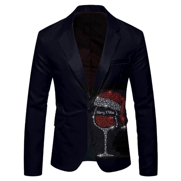 Adeawade Mens Christmas Blazers Coat Long Sleeve Collared Neck Jacket Santa Claus Prints Mens Fashion Leisure Pocket Suit Coat Versatile Winter Clothes Black 3Xl