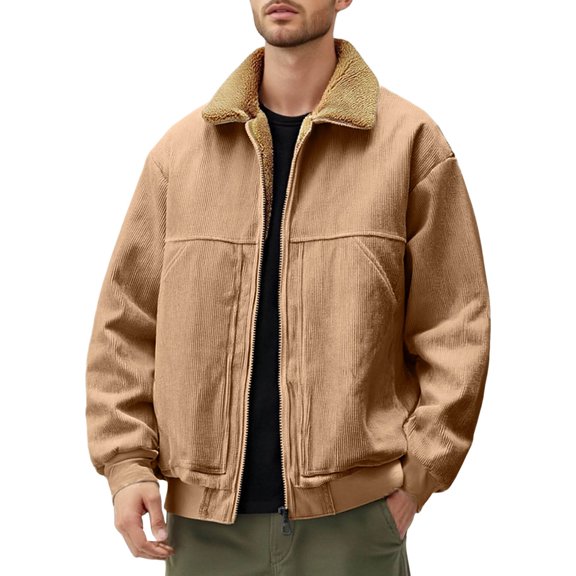 Adeawade Mens Jacket Long Sleeve Corduroy Lined Jacket Winter Warm Fuzzy Collar Outerwear Coats Fashion Clothes Brown Xl