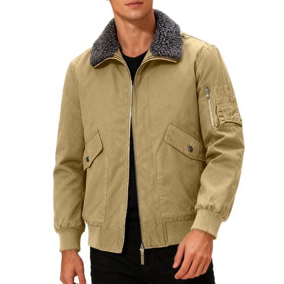 Adeawade Mens Jackets Long Sleeve Bomber Jacket Solid Color Zipper Coats Stylish Clothes Khaki 4Xl