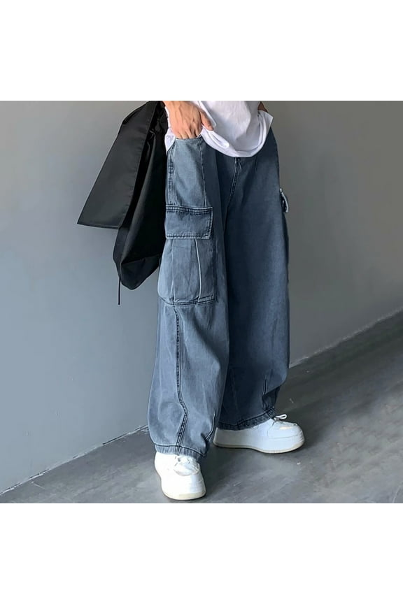 Mens Jeans Sag Loose Wide Leg Large Pocket Cargo Denim Wash Daddy Pants Trend Wear L Blue