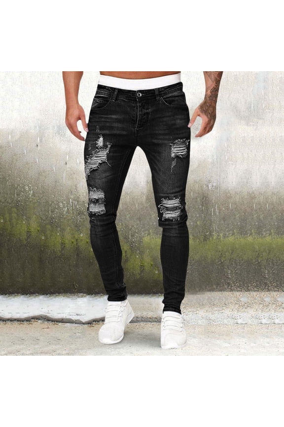 Mens Jeans Slim Fit Hop Sports High Stretch Tight Wash Polished White Ripped Fit Zipper Jean Pants Durable Wear L Black
