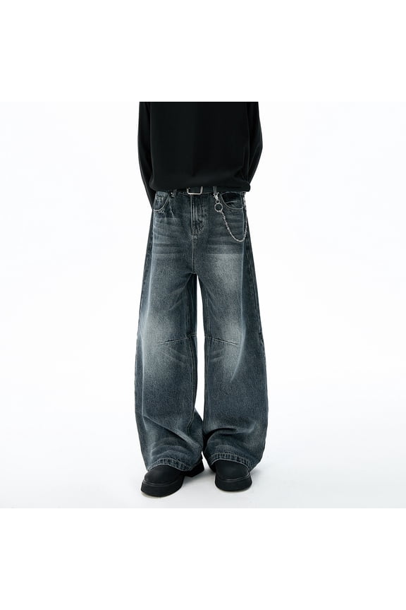 Mens Jeans Washed Denim Jeans Relaxed Fit Trousers With Draping Wide Leg Pants Baggy Slacks Trend Wear Xxl Grey
