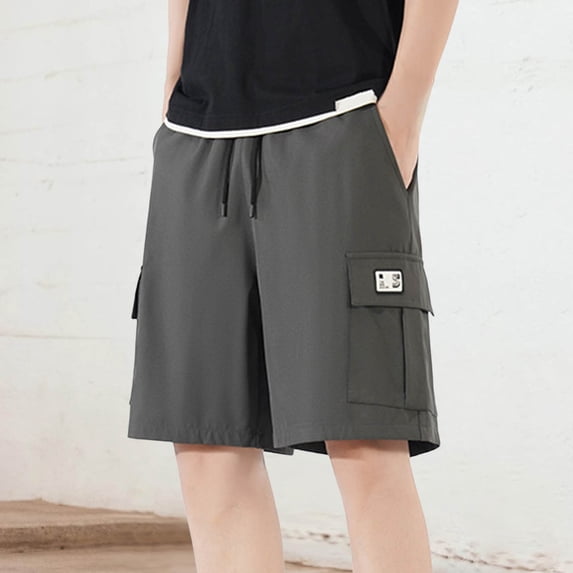 Adeawade Mens Summer Elastic Waist Drawstring Sweatpants With Pocket Solid Color Knee Length Cargo Shorts Trend Clothes 4Xl Gray