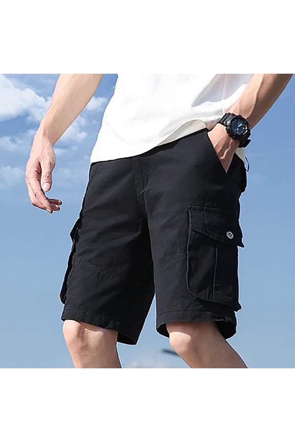 Mens Summer Elastic Waist Shorts Solid Color Loose Fit Straight Legged Outdoor Short Pants Classic Clothes 36 Black