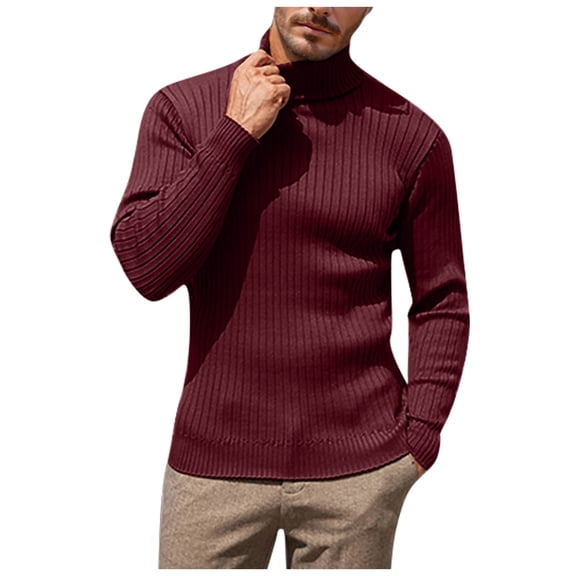 Adeawade Mens Sweater Long Sleeve Solid Color High Neck Sweater Loose And Business Trend Warm Knit Sweater Classic Wear Red L