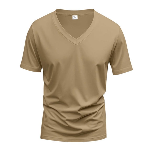 Adeawade Mens T Shirt Short Sleeve Tee Solid Color V Neck T Shirt Spring And Summer Top Khaki M