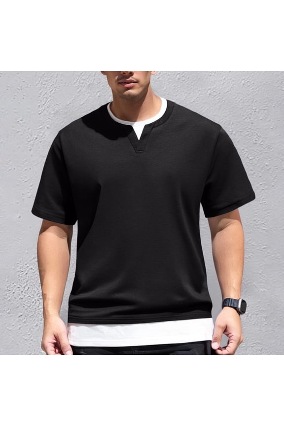 Mens T Shirt Short Sleeved T Shirt Double Layer Two Piece Short Sleeved T Shirt Style Round Neck T Shirt Handsomen Clothes Black 2Xl
