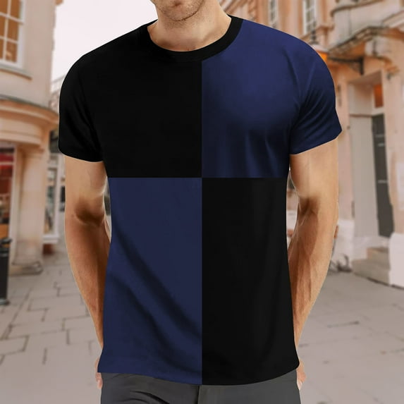 Adeawade Mens T Shirts Men Pure Color O Neck Splicing Short Sleeve Shirt Top Dark Blue S