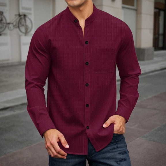 Adeawade Mens Tops Long Sleeve Men'S Knit Button Down Shirt Loose Fit Stand Collar Top For Autumn Winter Daily Wear Comfortable Basic Wear Brick Red