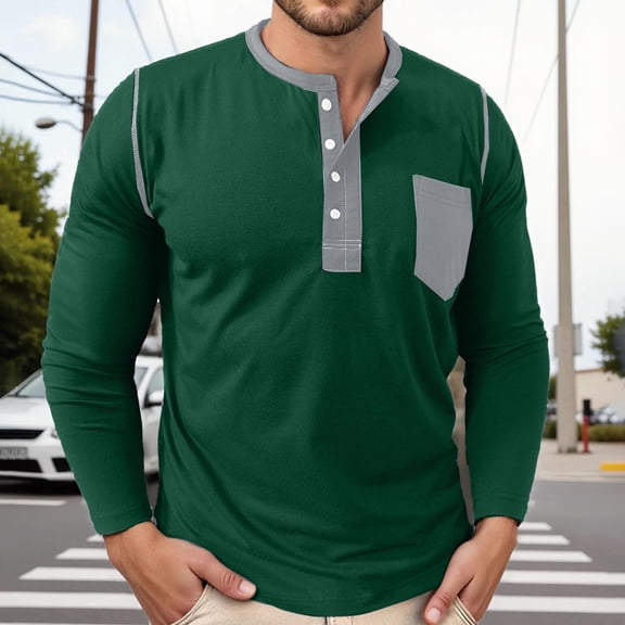 Adeawade Mens Tops Long Sleeve Men'S T Shirt With Color Block Design And Chest Pocket Round Neck Tee For Daily Wear In Autumn And Winter Retro Basic Wear Green