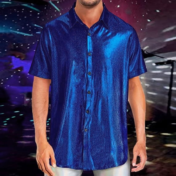 Adeawade Mens Winter Tops Short Sleeve Mens Sequin Shirt Slim T Shirt Hipster Mens Bright Shirt Nightclub Base Shirt Comfortable Basic Wear Blue