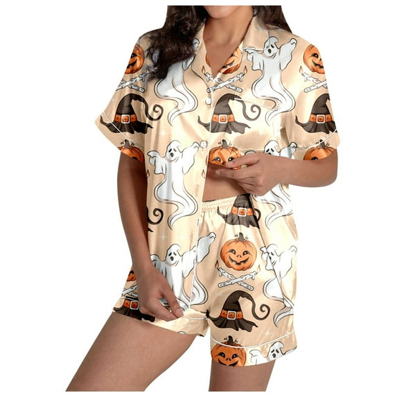 Adeawade Pajamas For Womens Halloween Cartoon Print Pajama Set Silk Satin Short Sleeve Button Up Top And Shorts Set Retro Sleepwear Home Clothing Beige L