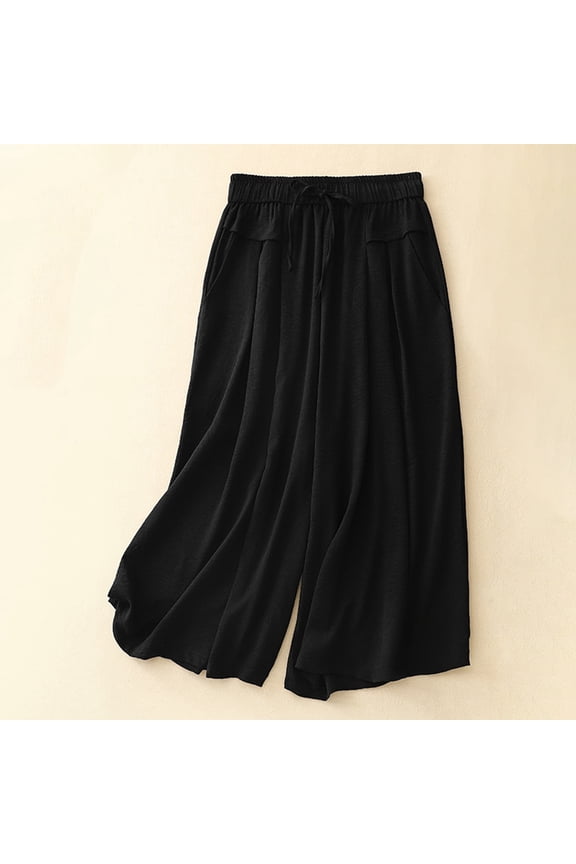 Pants For Women High Waist Wide Leg Pants For Soft Linen Blend Cropped Palazzo Trousers With Flowy Skirt Trend Clothes Xl Black