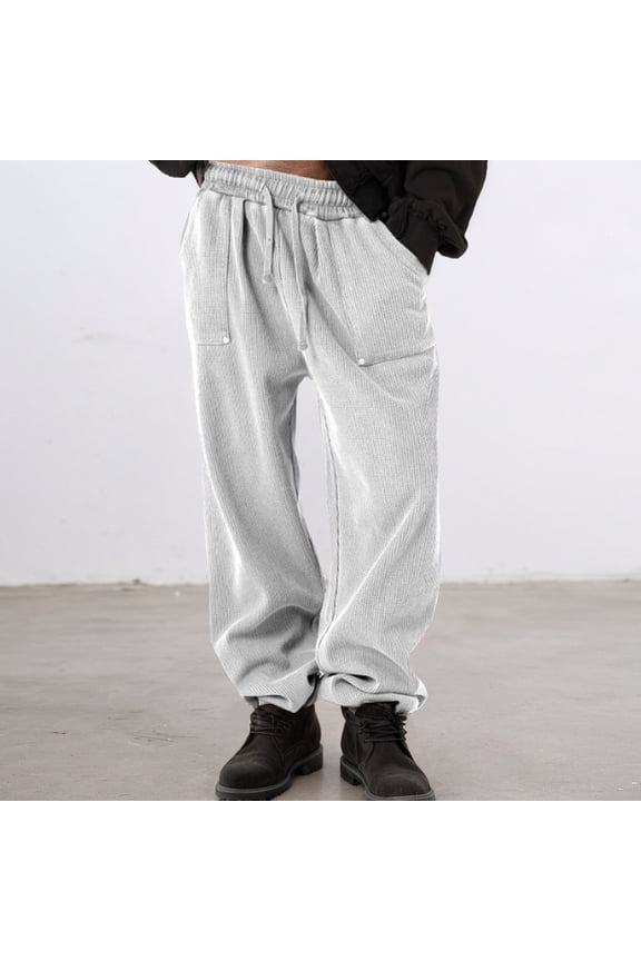 Pants For Men Wide Leg Pants With Texture And Pocket Loose Fit Elastic Waist Drawstring Trousers For Mid Waist Jogger Trousers Comfortable Wear 3Xl White