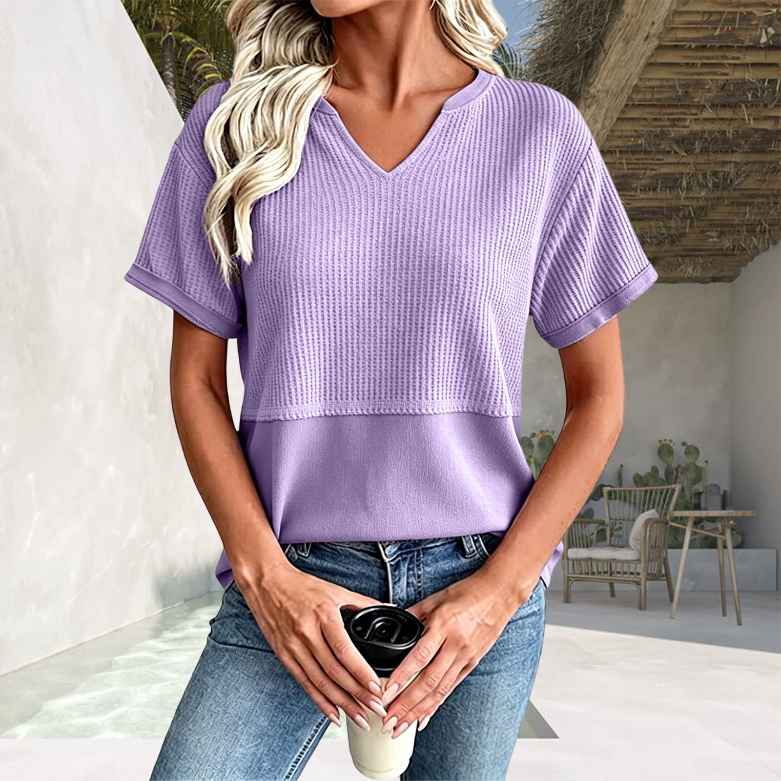 Adeawade Short Sleeve Tops For Women Summer V Neck T Shirt Solid Color ...