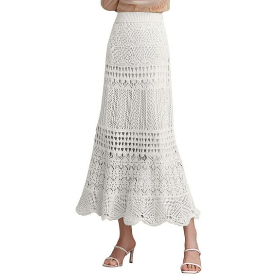 Adeawade Skirts For Women High Waist Lace Hollow Knitted Midi Skirt For Lady Half Skirt Basic Cute Clothes Beige L