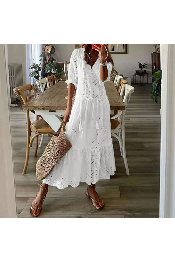 Spring Dresses For Women Flowy Sweet V Neck Solid Hollow Hanging Beard Short Sleeve Medium Length Dress Basic Clothes Xl White