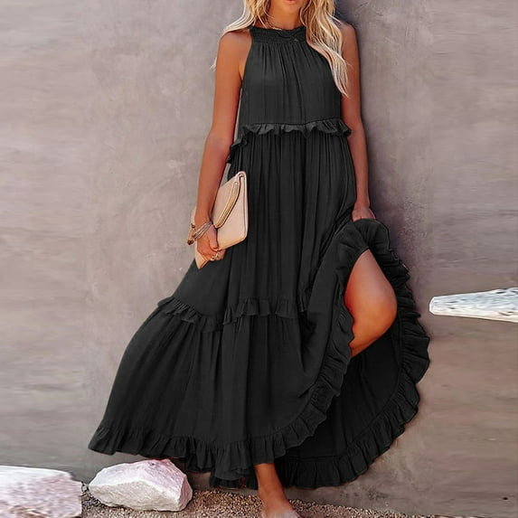 Adeawade Spring Dresses For Women Long Summer Dresses For Round Neck 2026 Sleeveless Maxi Dress Flowy Flowy Ruffle Dress Trend Clothes M Black
