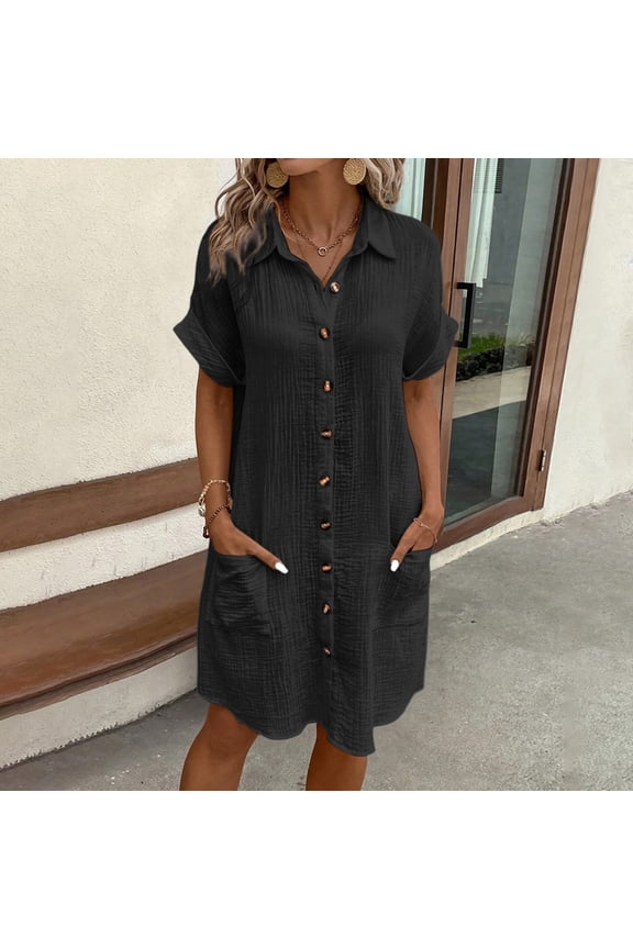Spring Dresses For Women Round Neck New Flowy Solid Color Button Mid Length Short Sleeve Loose Shirt Flowy Dress Versatile Wear M Black