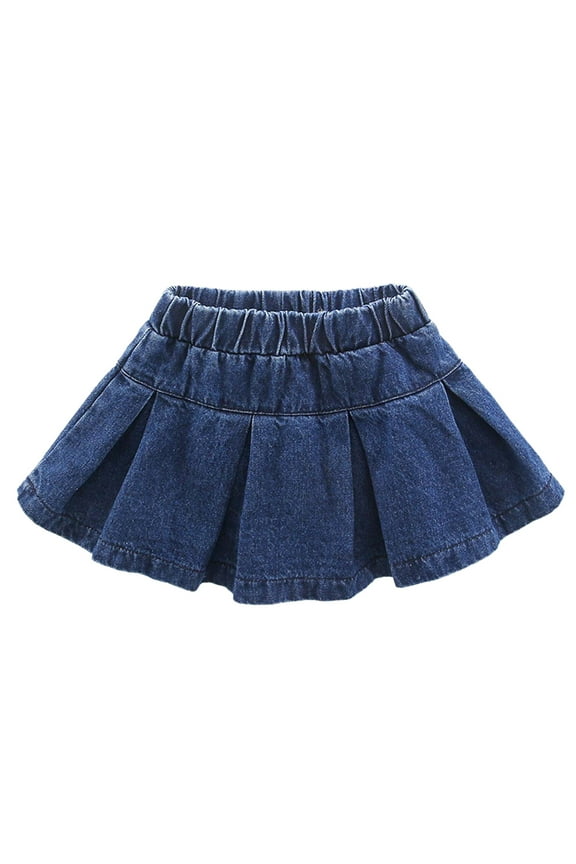Spring Dresses For Girls 5-6 Years High Waist Ruffle Denim Skirts Mini Flared Pleated Toddler Jean Skorts With Shorts Underneath Casual Playsuit Blue