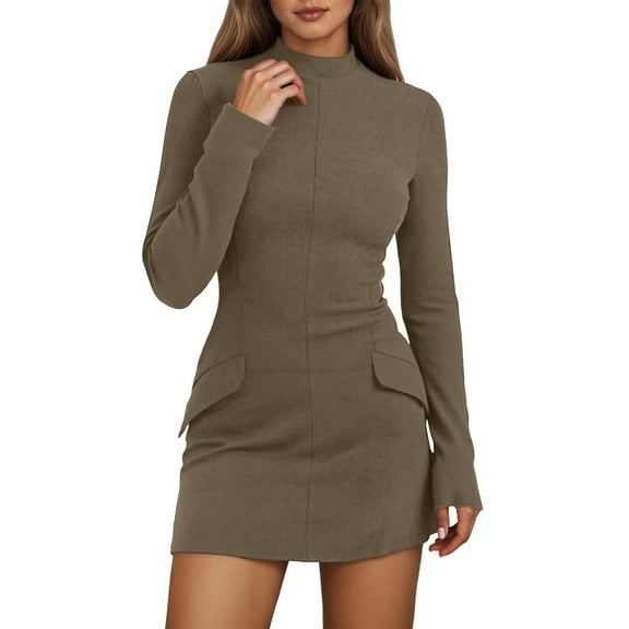 Adeawade Summer Dresses For Women Round Neck Long Sleeve Dress Solid Color Slim Fit Mini Dresses Versatile Wear Khaki L