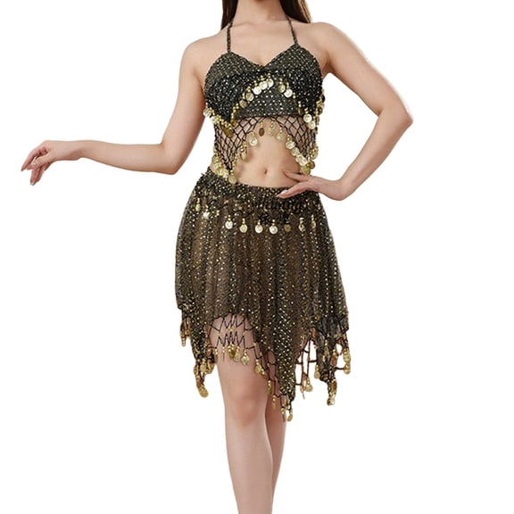 Adeawade Summer Dresses For Women Round Neck Sleeveless Stage Performance Belly Dance With Sequined Bustier Fringe Top Versatile Wear Black One Size
