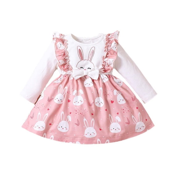 Adeawade Sundress For Girls 18-24 Months O Neck Pin Bunny Dress For Baby Girl Ruffle Skirt Bow Long Sleeve Outfits Spring Birthday Easter Rabbit Versatile Outfits Red