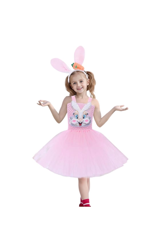Sundress For Girls 3-4 Years Short Sleeve Easter Bunny Dress For Tutu With Anime Rabbit Design Party Gown For Kids Round Neck Charm Playsuit Pink