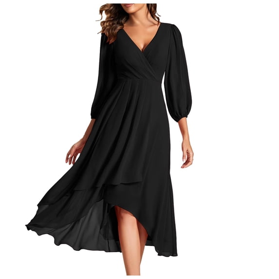 Adeawade For Women Lady Chiffon Spring V Neck Long Sleeves Pleated A Line Midi Length Wedding Guest Dress Basic Fashion Daily Wear Black L