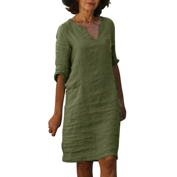 Adeawade For Women Lady Half Sleeve V Neck Solid Color Short Mini Dress Army Green L