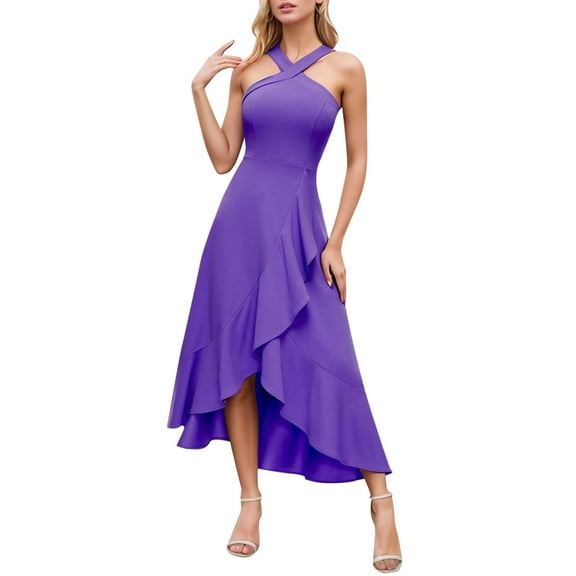 Adeawade For Women Sleeveless Prom Dresses Round Neck Solid Color Hemline Party Dress Soft Clothes Purple Xl
